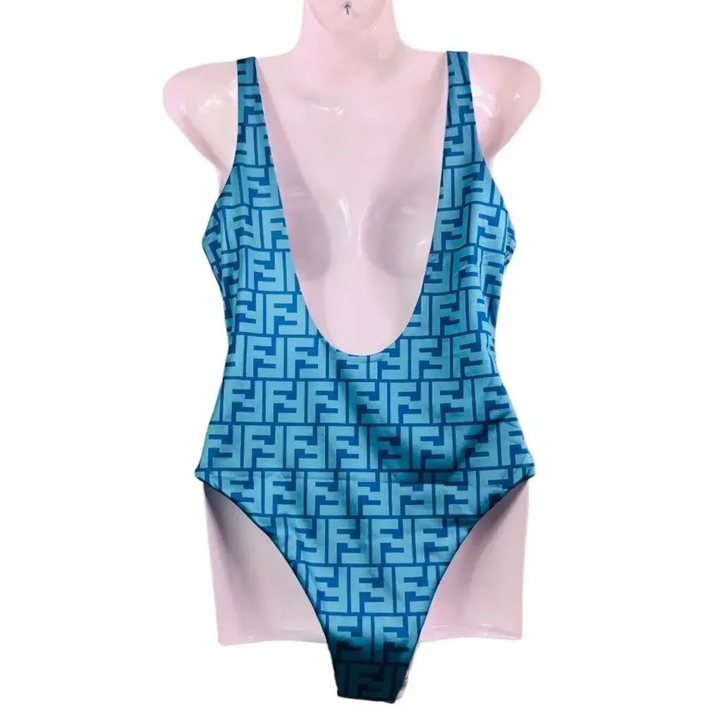 Blue FF Logo Jacquard Scoop Bodysuit / Swimsuit